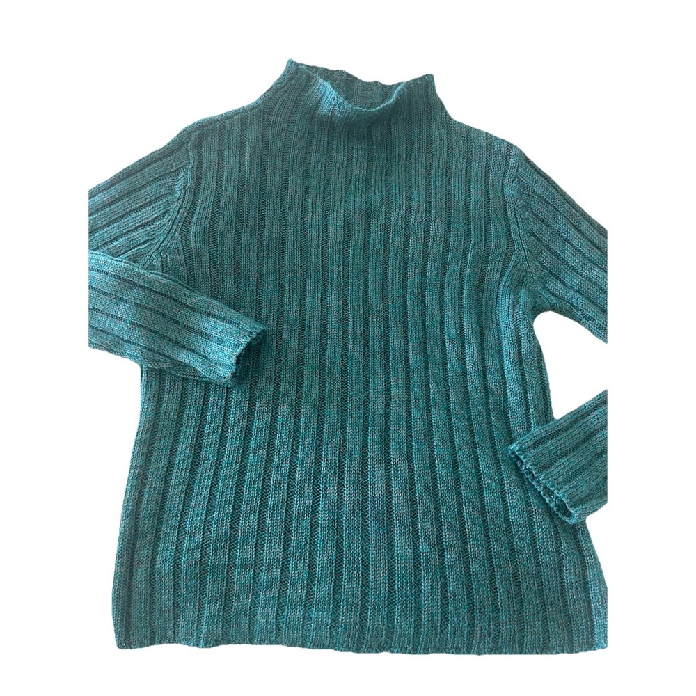Vintage‎ IVY Womens M Teal Multi Ramie Blend Ribbed Knit Sweater Hi Neck Spring